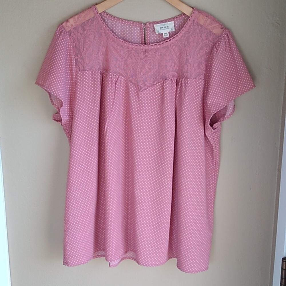 Perch Cottage Core Granny Core Polka Dot Short Sleeve Blouse 2XL